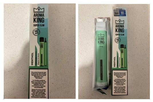 Nebezpečný výrobek Jednorázová elektronická cigareta zn. AROMA KING SUPER SLIM 20 mg/ml 2% Nicotine - 1 příchuť 1 4444444444444444444444 1