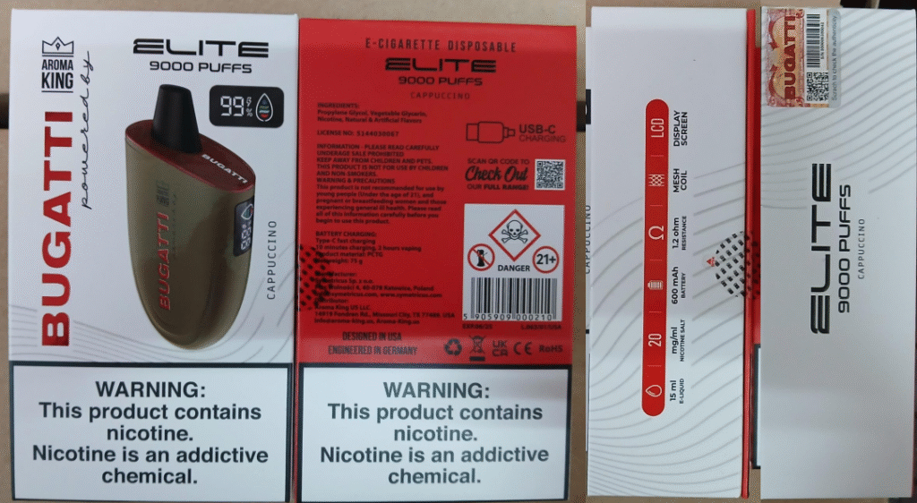 Nebezpečný výrobek AROMA KING BUGATTI powered by ELITE 9000 PUFFS, objem 15 ml 1 Snimek obrazovky 2025 06 10 135703 2