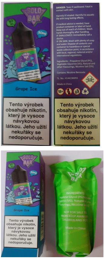 Nebezpečný výrobek Solo Bar, Nic Salts, náplň do el. cigarety, příchuť Grape ICE, nicotine salt 5% 1 solobar