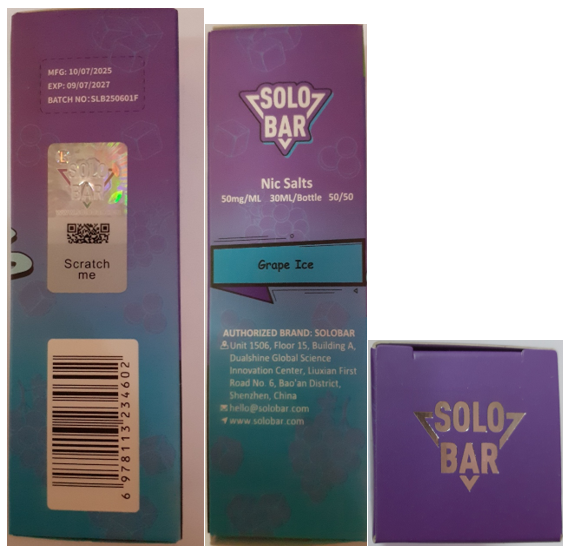 Nebezpečný výrobek Solo Bar, Nic Salts, náplň do el. cigarety, příchuť Grape ICE, nicotine salt 5% 2 solobar2