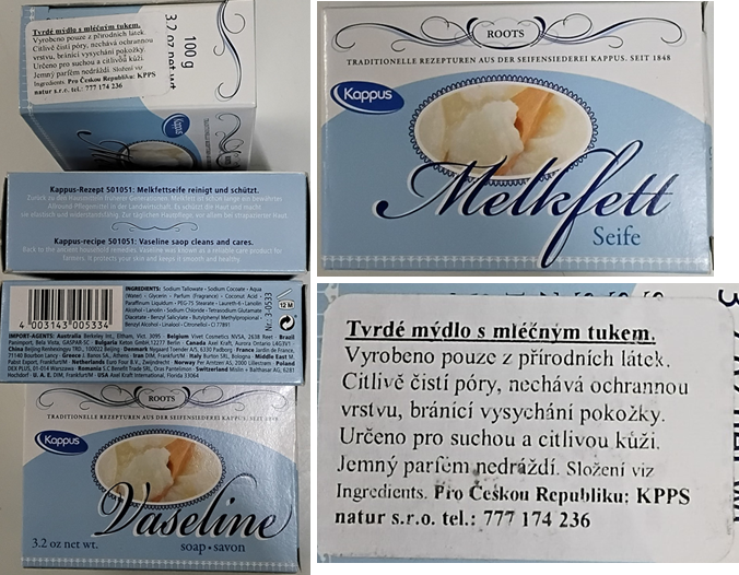 Nebezpečný výrobek Kappus, Vaseline soap•savon, Melkfett Seife, Tvrdé mýdlo s mléčným tukem 1 Hlavni foto 10