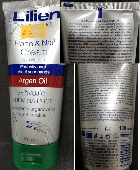 Nebezpečný výrobek Lilien, HAND CARE, Hand & Nail Cream, Argan Oil, VYŽIVUJÍCÍ KRÉM NA RUCE 1 Hlavni foto 26