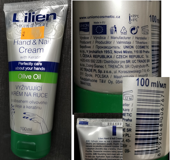 Nebezpečný výrobek Lilien, HAND CARE, Hand & Nail Cream, Olive Oil, VYŽIVUJÍCÍ KRÉM NA RUCE 1 Hlavni foto 27