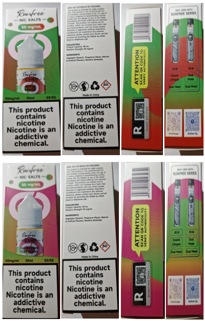 Nebezpečný výrobek - Náhradní náplň do elektronických cigaret zn. Runfree, NIC SALTS, koncentrace nikotinové soli: 50 mg/ml, objem náplně: 30 ml 1 Snimek obrazovky 2026 04 29 101616