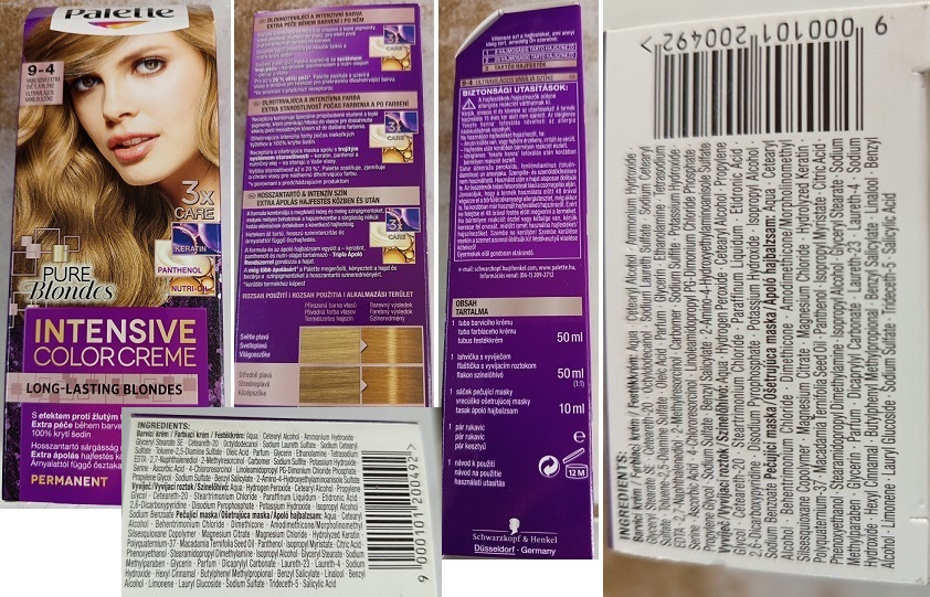 Nebezpečný výrobek Schwarzkopf, Palette, INTENSIVE COLOR CREME, LONG-LASTING BLONDES, PURE Blondes, 9-4 VANILKOVÁ EXTRA SVĚTLÁ BLOND, 3x CARE 1 Hlavni foto 2026 05 06T115613.595