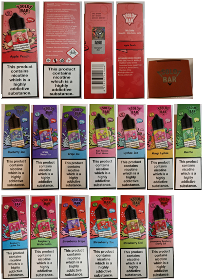 Nebezpečný výrobek - Náhradní náplň do elektronických cigaret zn. SOLO BAR, NIC SALTS, koncentrace nikotinové soli: 50 mg/ml, objem náplně: 35 ml 1 solo bar
