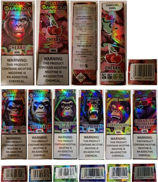 Nebezpečný výrobek - Náhradní náplň do elektronických cigaret zn. TORNADO HAPPSOLO, NIC SALTS, koncentrace nikotinu: 50 mg/ml, objem náplně: 30 ml 1 tornado1