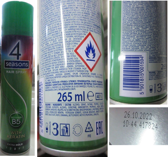 Nebezpečný výrobek 4 seasons, HAIR SPRAY, PRO-VITAMIN B5, WITH KERATIN, EXTRA HOLD 1 Hlavni foto 40