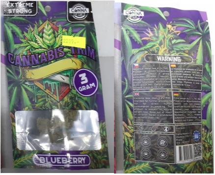 Nebezpečný výrobek určený ke kouření - zn. CANNABIS TRIM, BLUEBERRY, CANNA EFEKT, extreme strong, 3 g 1 cannabis