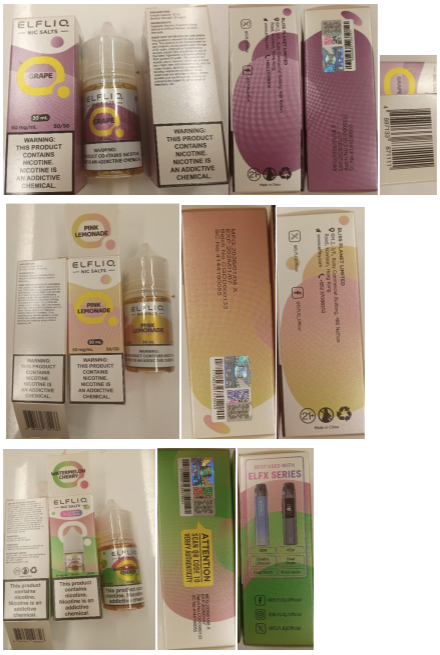 Nebezpečný výrobek náhradní náplň do elektronické cigarety ELFLIQ, nic salts, e-liquid, příchutě: grape, pink lemonade, watermelon cherry – green 1 elfliq