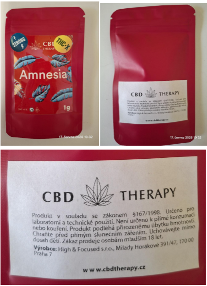 Nebezpečný výrobek Bylinný výrobek určený ke kouření zn. CBD THERAPY Amnesia THC-X, STRONG, 1 g 1 cbd therapy amnesia