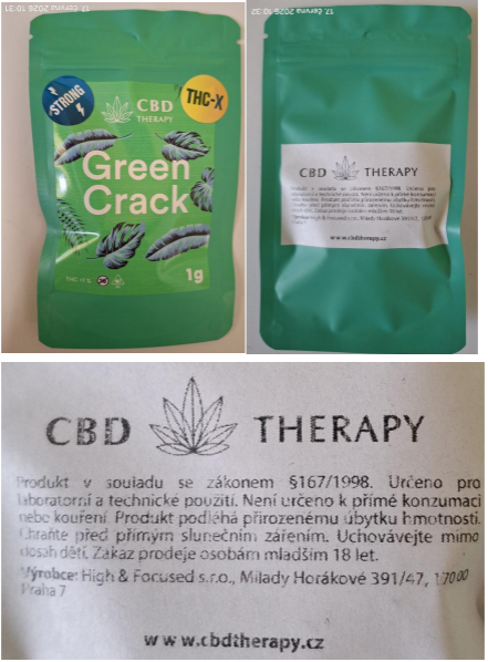 Nebezpečný výrobek Bylinný výrobek určený ke kouření zn. CBD THERAPY Green Crack THC-X, STRONG, 1 g 1 cbd therapy green strong