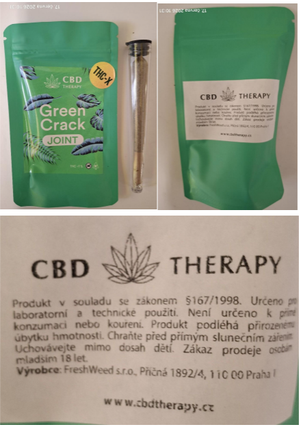 Nebezpečný výrobek Bylinný výrobek určený ke kouření zn. CBD THERAPY Green Crack JOINT THC-X 1 cbd therapy green