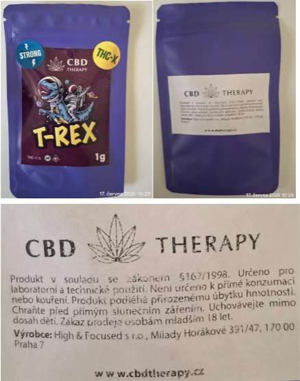 Nebezpečný výrobek Bylinný výrobek určený ke kouření zn. CBD THERAPY T-REX THC-X, STRONG, 1 g 1 cbd therapy strong