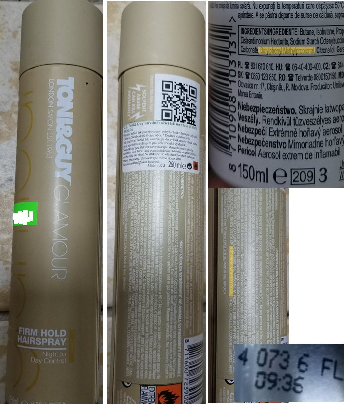 Nebezpečný výrobek TONI&GUY GLAMOUR, LONDON SALON EST. 1963, FIRM HOLD HAIRSPRAY 1 Hlavni foto 68