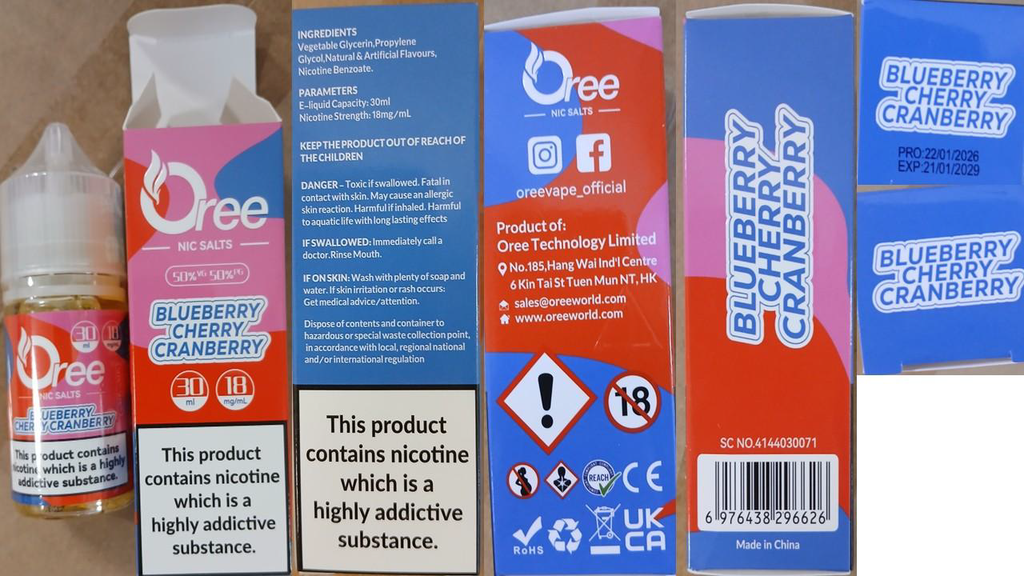 Nebezpečný výrobek - Náhradní náplň do elektronické cigarety zn. Oree NIC SALTS, 50% VG 50% PG, 30 ml, 18mg/ml – 4 příchutě 1 o1 1