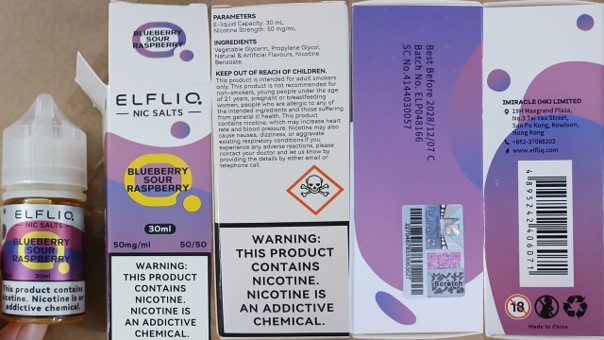 Nebezpečný výrobek - Náhradní náplň do elektronické cigarety zn. ELFLIQ NIC SALTS 30 ml, 50 mg/ml, 50/50 – 4 příchutě 1 o1