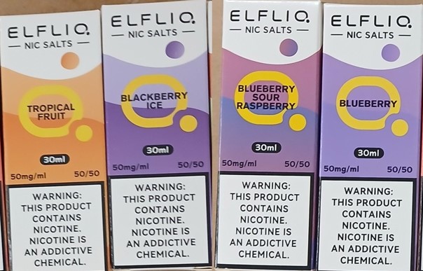 Nebezpečný výrobek - Náhradní náplň do elektronické cigarety zn. ELFLIQ NIC SALTS 30 ml, 50 mg/ml, 50/50 – 4 příchutě 2 o2