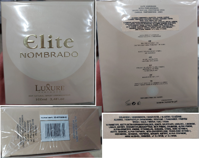 Nebezpečný výrobek Elite NOMBRADO, LUXURE PARFUMES, EDP NATURAL SPRAY VAPORISATEUR 1 Hlavni foto
