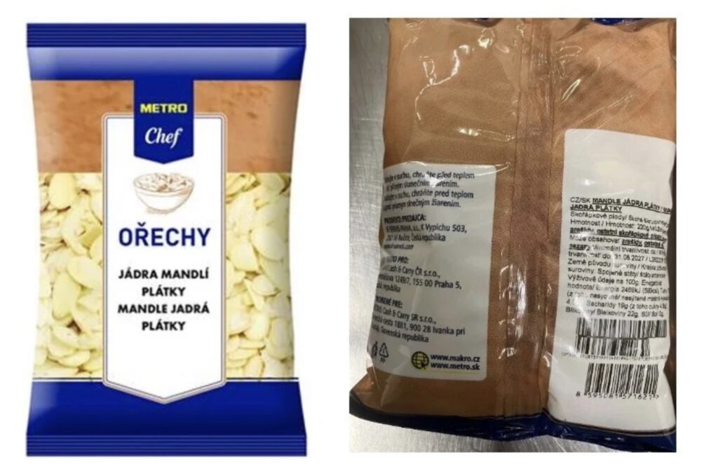 Varování před konzumací potraviny - Mandle lupínky silné 1,2 mm, šarže L25833 1 navrh MU 8